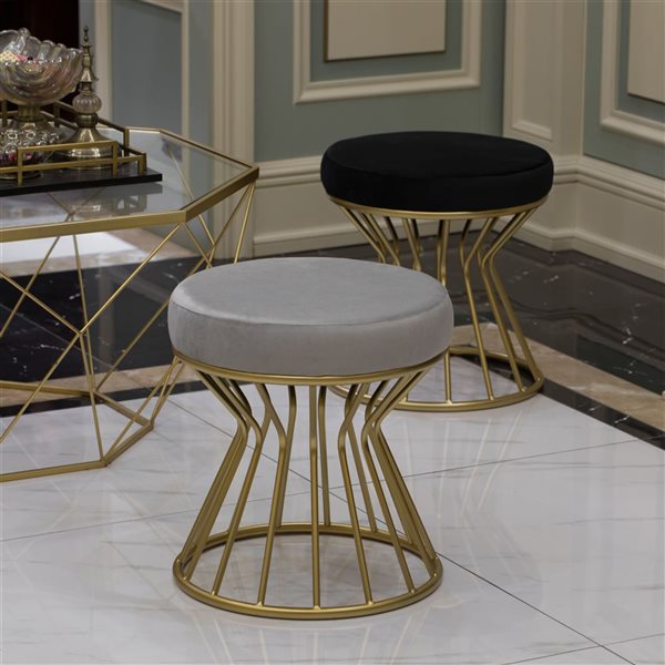 Fabulaxe Modern Round Velvet Stool with Bent Gold Metal Base Standard Ottoman - Black