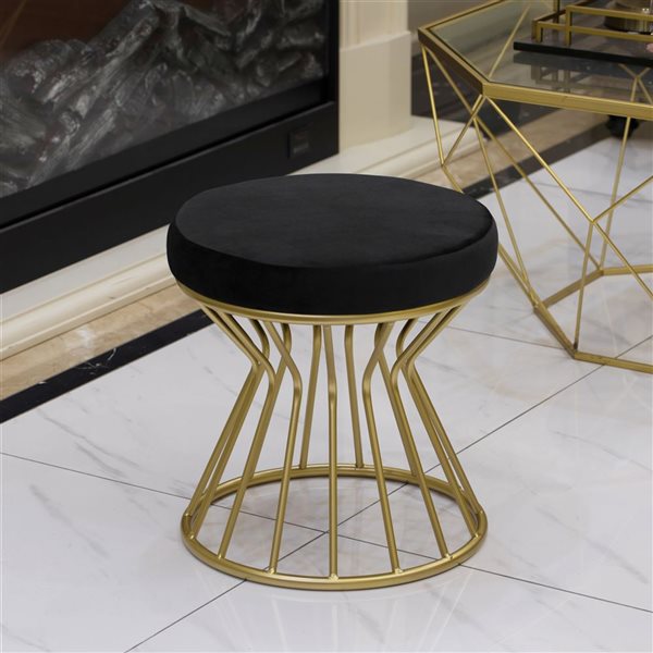 Fabulaxe Modern Round Velvet Stool with Bent Gold Metal Base Standard Ottoman - Black