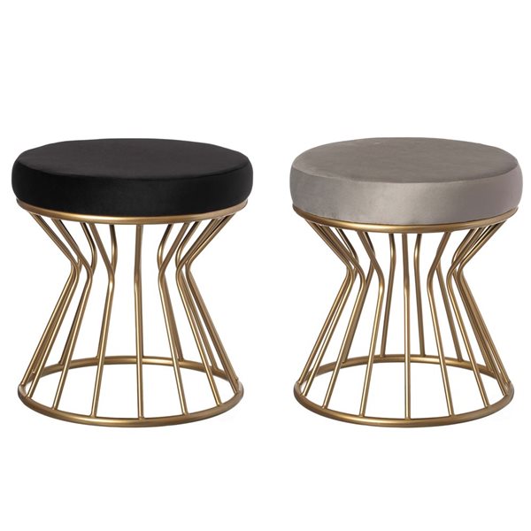 Fabulaxe Modern Round Velvet Stool with Bent Gold Metal Base Standard Ottoman - Black