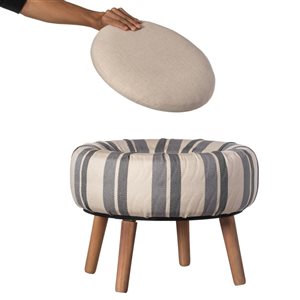 Pouf de rangement moderne Fabulaxe en tissu rond rayé, blanc et bleu