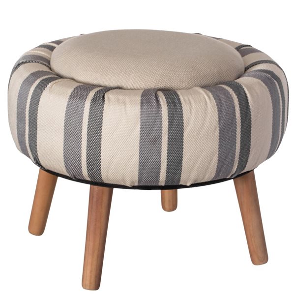 Fabulaxe Modern Striped Round Fabric Ottoman with Inner Storage - White and Blue