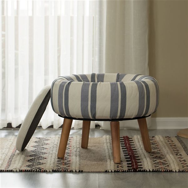 Fabulaxe Modern Striped Round Fabric Ottoman with Inner Storage - White and Blue