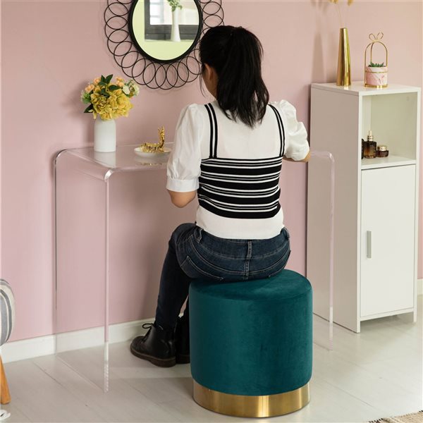 Fabulaxe Modern Round Velvet Fabric Standard Ottoman Stool with Gold Base - Dark Green