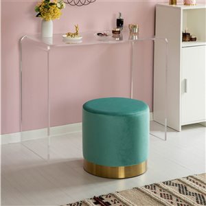 Pouf rond moderne Fabulaxe en velours bleu sarcelle avec base dorée
