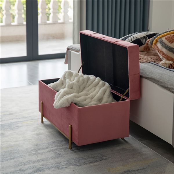 Pouf de rangement en velours Fabulaxe grand format à pieds dorés, rose