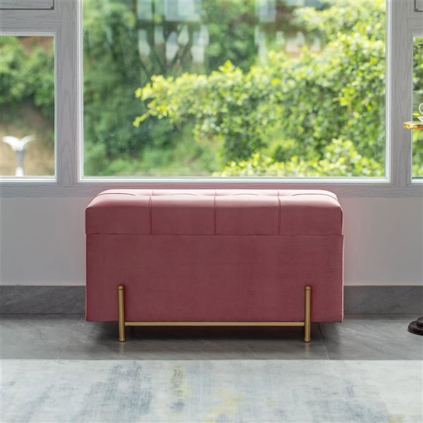 Fabulaxe Large Velvet Storage Ottoman Stool Box with Golden Legs - Pink