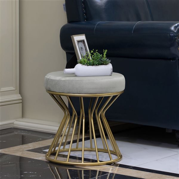 Tabouret moderne rond Fabulaxe en velours avec base en métal courbé doré standard, gris