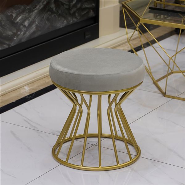 Fabulaxe Modern Round Velvet Stool with Bent Gold Metal Base Standard Ottoman - Grey