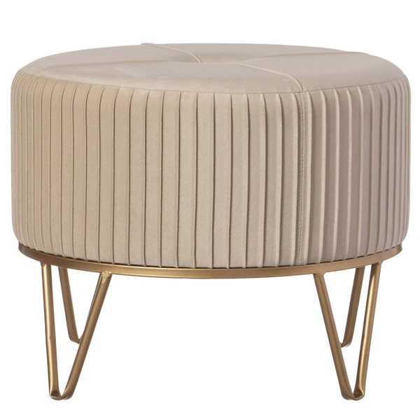 Fabulaxe Round Cream Velvet Ottoman Stool Raised with Hairpin Gold Base - Medium