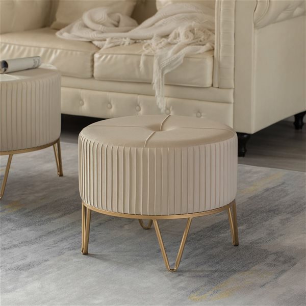 Fabulaxe Round Cream Velvet Ottoman Stool Raised with Hairpin Gold Base - Medium