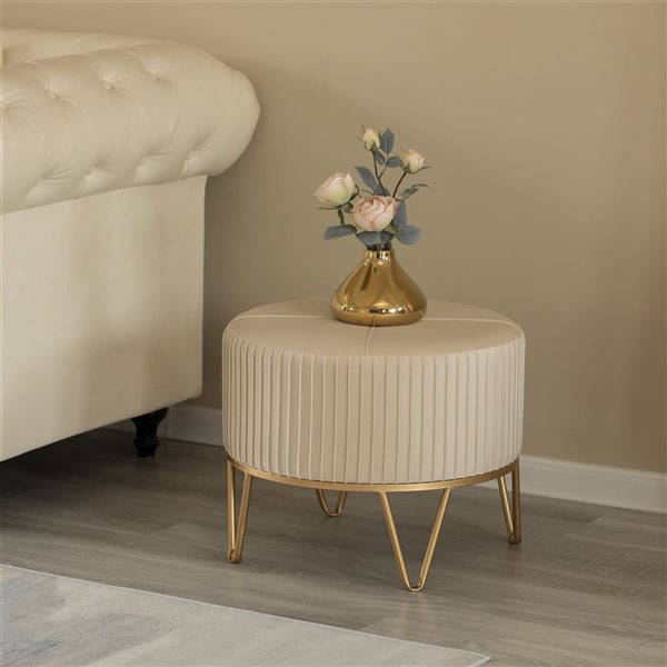 Fabulaxe Round Cream Velvet Ottoman Stool Raised with Hairpin Gold Base - Medium