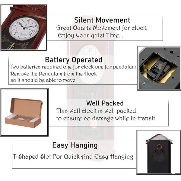 Clockswise Vintage Grandfather Brown Wood Plastic Pendulum Wall Clock