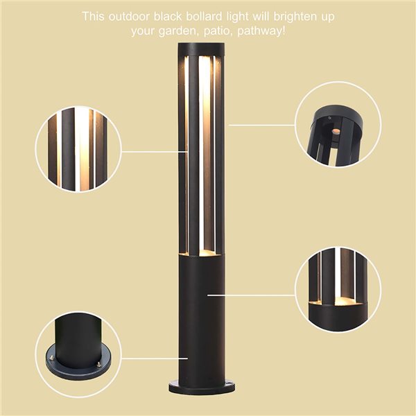 Gardenised Round Black LED Garden Aluminum Decorative Outdoor Bollard Light