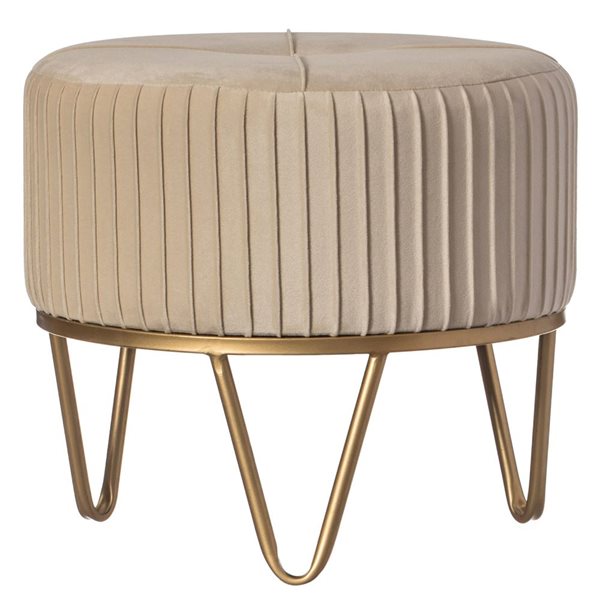 Fabulaxe Round Cream Velvet Ottoman Stool Raised with Hairpin Gold Base - Small