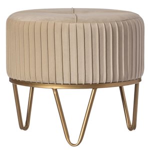 Fabulaxe Round Cream Velvet Ottoman Stool Raised with Hairpin Gold Base - Small