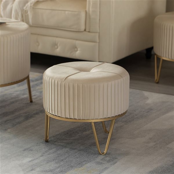 Fabulaxe Round Cream Velvet Ottoman Stool Raised with Hairpin Gold Base - Small