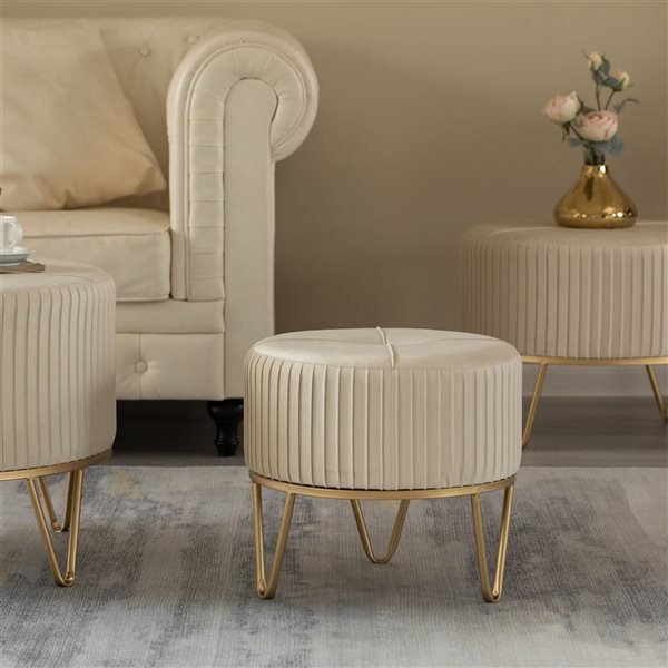 Fabulaxe Round Cream Velvet Ottoman Stool Raised with Hairpin Gold Base - Small