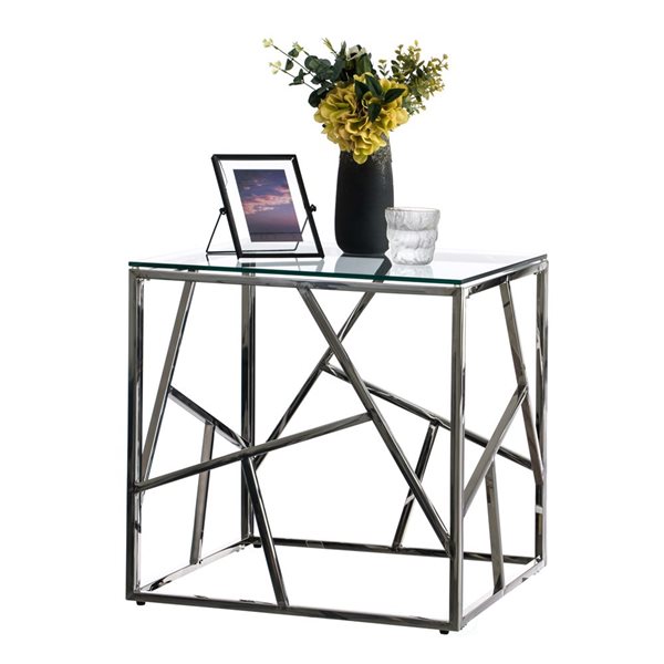 Table d'appoint en métal Fabulaxe moderne, carrée en verre trempé argenté, 21,75 po