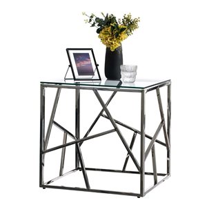 Table d'appoint en métal Fabulaxe moderne, carrée en verre trempé argenté, 21,75 po