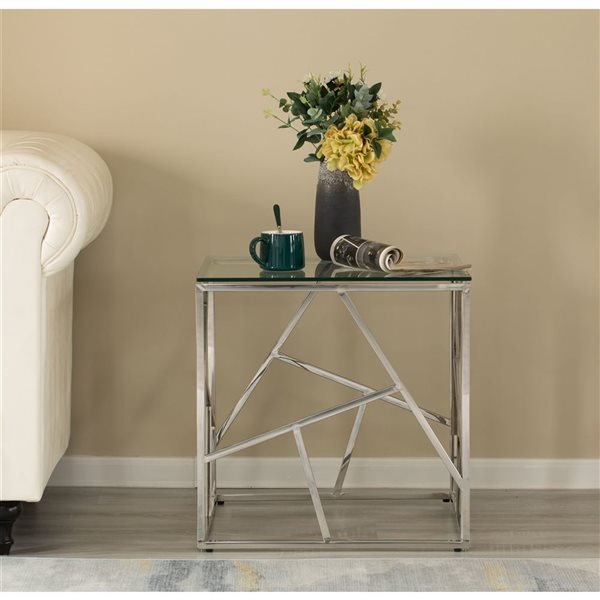 Fabulaxe Modern Silver Square Tempered Glass Top Metal End Side Table - 21.75-in