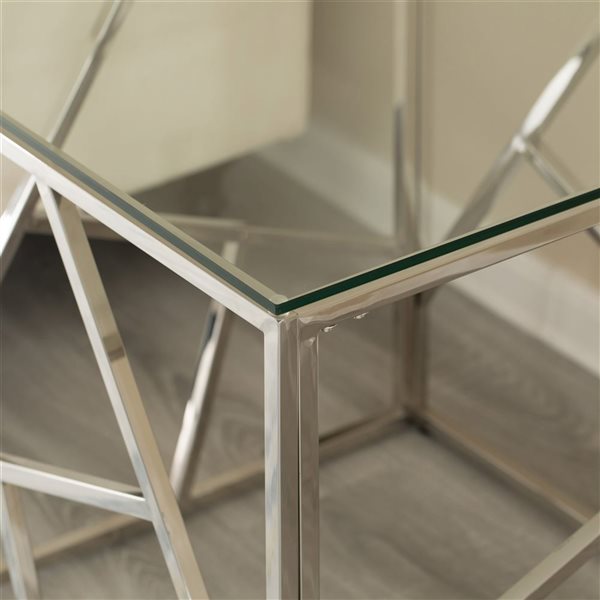 Fabulaxe Modern Silver Square Tempered Glass Top Metal End Side Table - 21.75-in