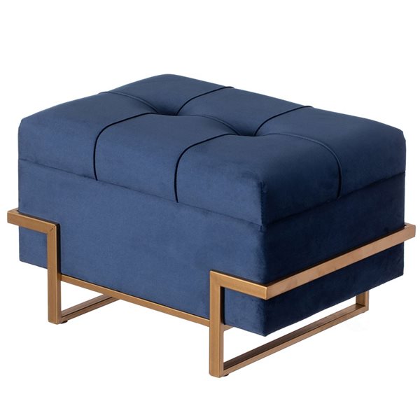 Fabulaxe Blue Velvet Storage Ottoman Stool Box with Abstract Golden Legs - Small