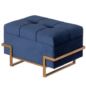 Fabulaxe Blue Velvet Storage Ottoman Stool Box with Abstract Golden Legs - Small