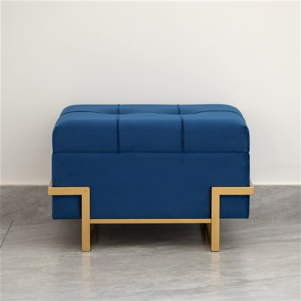 Fabulaxe Blue Velvet Storage Ottoman Stool Box with Abstract Golden Legs - Small