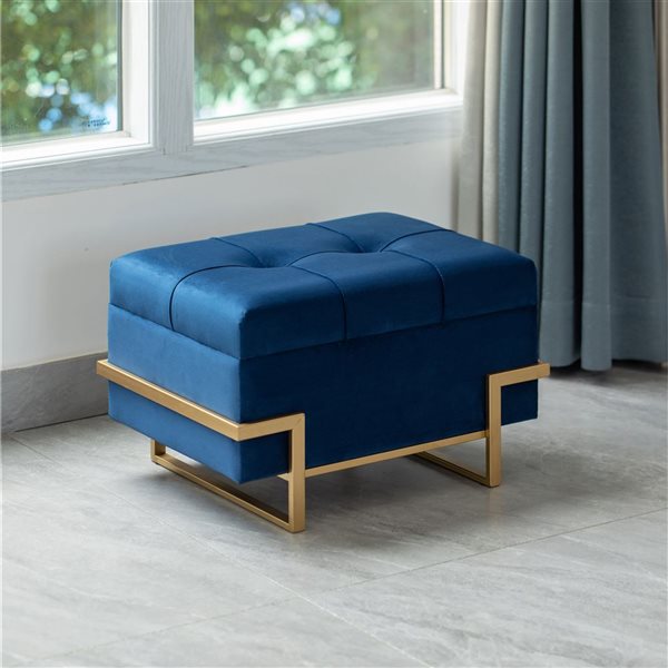 Fabulaxe Blue Velvet Storage Ottoman Stool Box with Abstract Golden Legs - Small