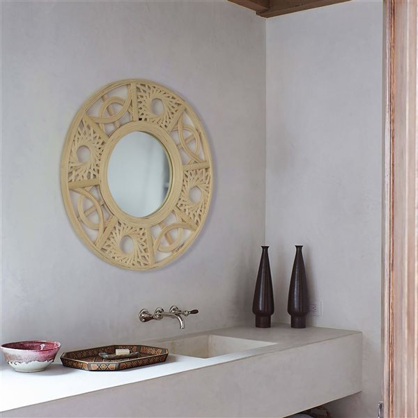 Miroir mural suspendu en bambou de forme ronde Vintiquewise 21,75 po