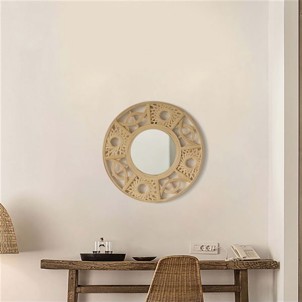 Miroir mural suspendu en bambou de forme ronde Vintiquewise 21,75 po