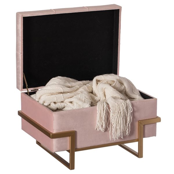 Banc-coffre rectangle minimaliste en velours rose Fabulaxe à pieds dorés, grand