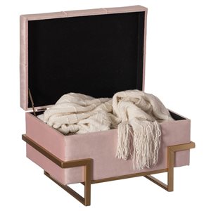 Banc-coffre rectangle minimaliste en velours rose Fabulaxe à pieds dorés, grand