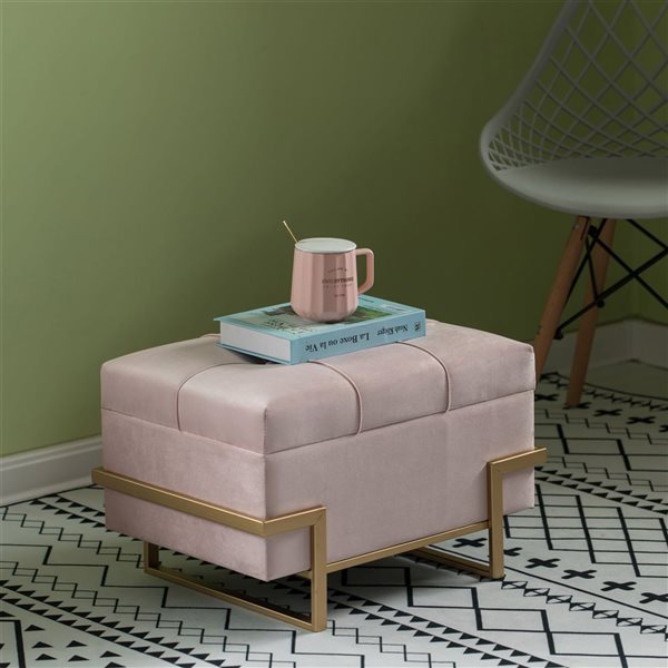 Fabulaxe Large Tufted Minimalist Rectangular Velvet Storage Ottoman with Gold Metal Legs - Pink