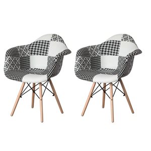 Fabulaxe Set of 2 Mid-Century Modern Style Black and White Fabric Lined Armchair with Beech Wooden Legs