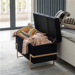 Pouf de rangement en velours Fabulaxe grand format à pieds dorés, noir