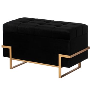 Fabulaxe Black Velvet Ottoman Stool Box with Abstract Golden Legs - Large