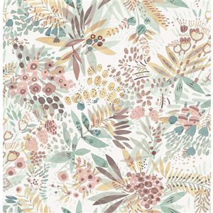 NuWallpaper Naupaka 20.5-in W x 18-ft L Teal/Peach Leaf Pattern Peel and Stick Wallpaper - Covers 30.75 ft²