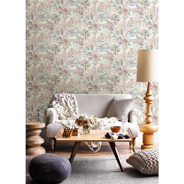 NuWallpaper Naupaka 20.5-in W x 18-ft L Teal/Peach Leaf Pattern Peel and Stick Wallpaper - Covers 30.75 ft²