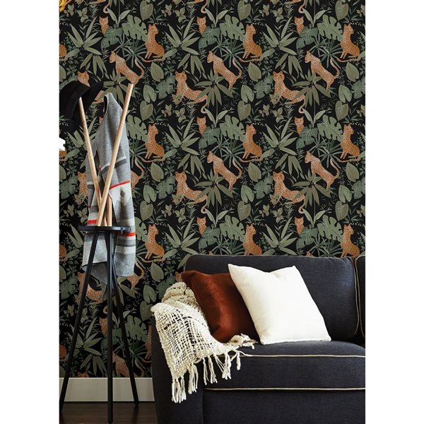 NuWallpaper Jhalana 20.5-in W x 18-ft L Black/Sage Green Whimsical Tropical Peel and Stick Wallpaper - Covers 30.75 ft²