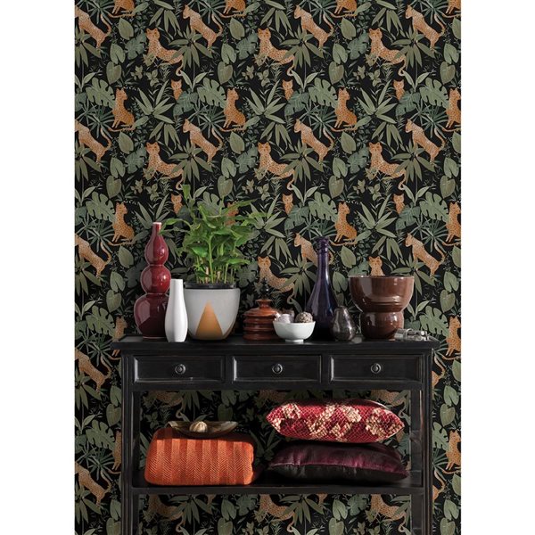 NuWallpaper Jhalana 20.5-in W x 18-ft L Black/Sage Green Whimsical Tropical Peel and Stick Wallpaper - Covers 30.75 ft²