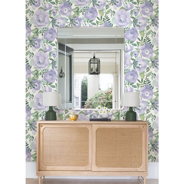 NuWallpaper Keen 20.5-in W x 18-ft L Periwinkle Peachy Flower Peel and Stick Wallpaper - Covers 30.75 ft²