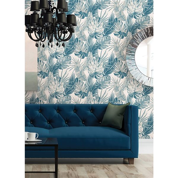 NuWallpaper Palmero 20.5-in W x 18-ft L Blue/Grey Tropical Pattern Peel and Stick Wallpaper - Covers 30.75 ft²