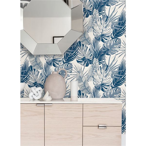 NuWallpaper Palmero 20.5-in W x 18-ft L Blue/Grey Tropical Pattern Peel and Stick Wallpaper - Covers 30.75 ft²