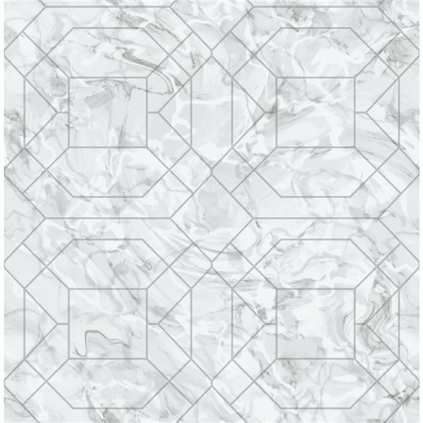 Papier peint autocollant Seraphina NuWallpaper 20,5 po l. x 18 pi L. marbre argent géo, couvre 30,75 pi²