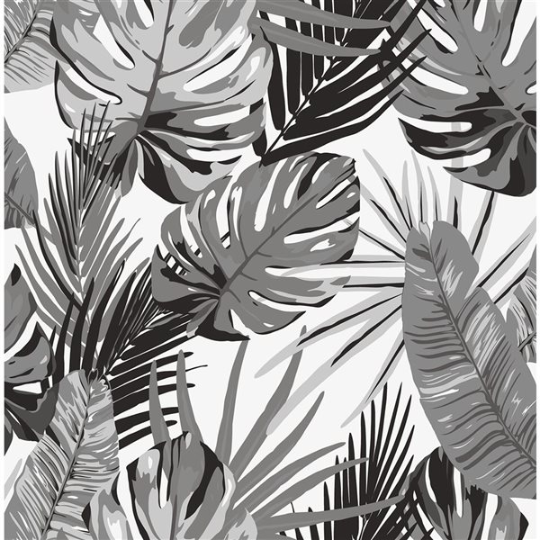 Papier peint autocollant Palmero de NuWallpaper 20,5 po l. x 18 pi L. noir/gris à motif tropical, couvre 30,75 pi²