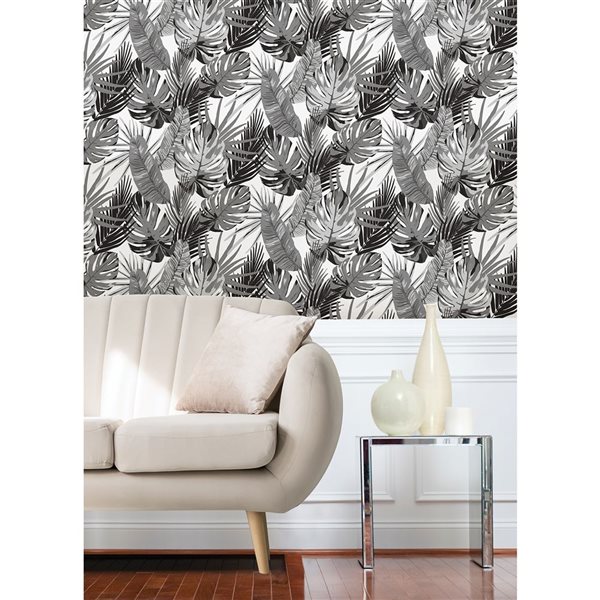 NuWallpaper Palmero 20.5-in W x 18-ft L Black/Grey Tropical Pattern Peel and Stick Wallpaper - Covers 30.75 ft²