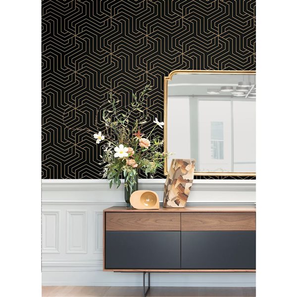 NuWallpaper Ramsey 20.5-in W x 18-ft L Black/Gold Geometric Peel and Stick Wallpaper - Covers 30.75 ft²