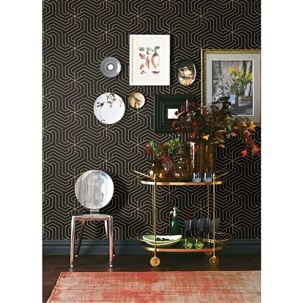 NuWallpaper Ramsey 20.5-in W x 18-ft L Black/Gold Geometric Peel and Stick Wallpaper - Covers 30.75 ft²