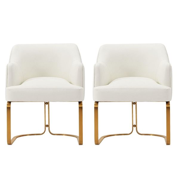 Fauteuils de salle à manger Reeva Manhattan Comfort rembourrés en similicuir crème et pieds en métal doré, ensemble de 2